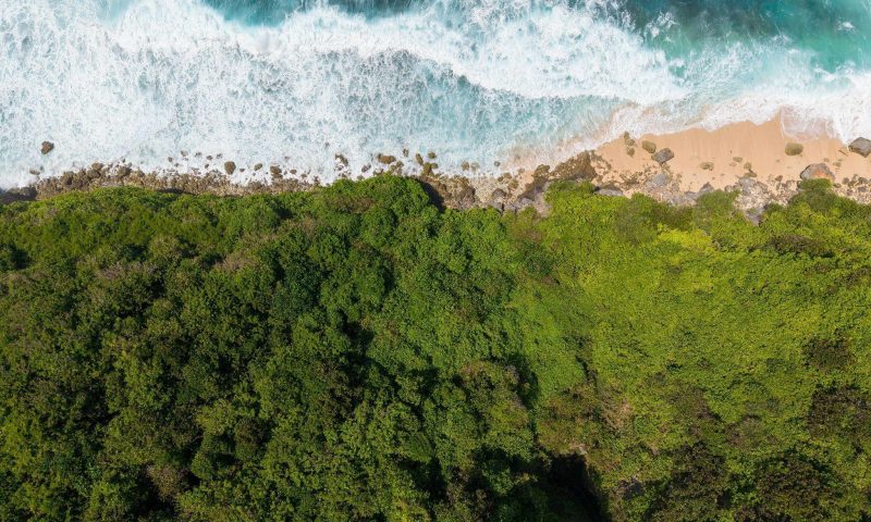 This aerial view shows a coastline that combines lush green forests, rocky cliffs and sandy beaches with the crashing blue waves of the sea