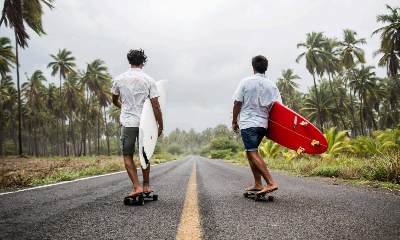 Two men were walking away on a straight paved road surrounded by palm trees